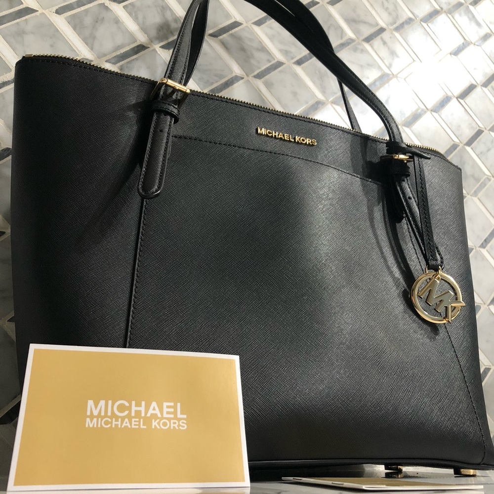 MICHAEL KORS Ciara Large Black Leather Zip Purse Bag Tote Gold Hardware Like New